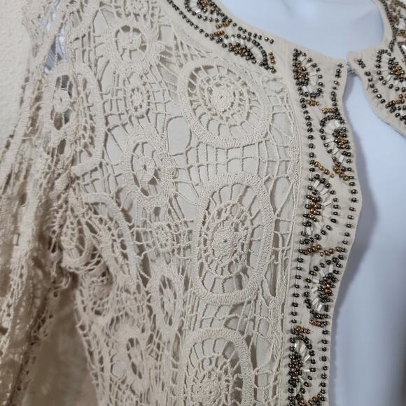 Peter Nygard Tan Beige Crochet Bead Overlay Open Front Blazer 8 Lightweight Soft - Picture 7 of 8